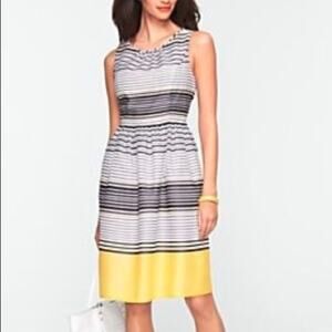 Talbots | Petites Black White Yellow Stripe Sleeveless Fit & Flare Cotton Dress